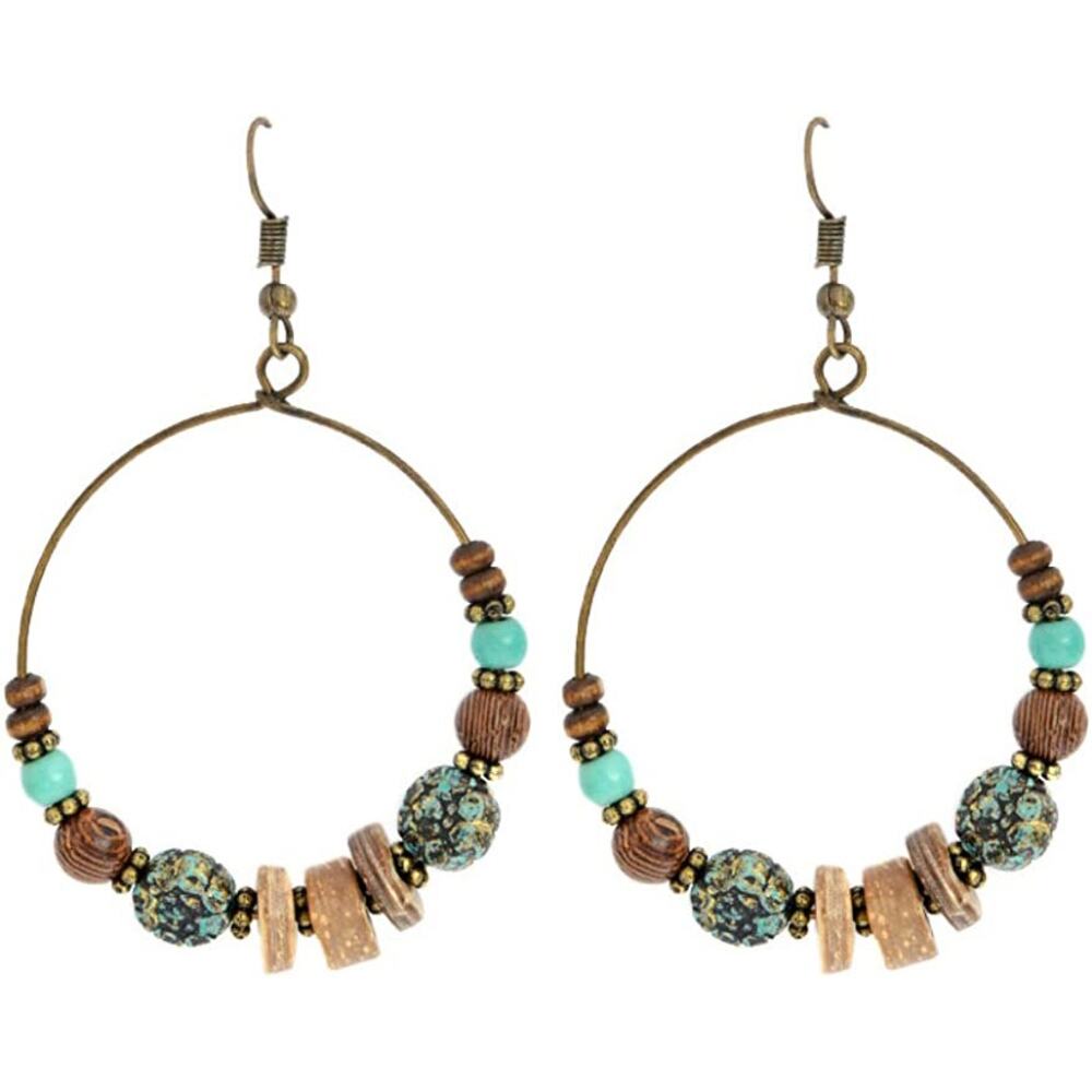 5/15 NWT Bohemian Big Circle Wooden Beads Howlite Turquoise Earrings